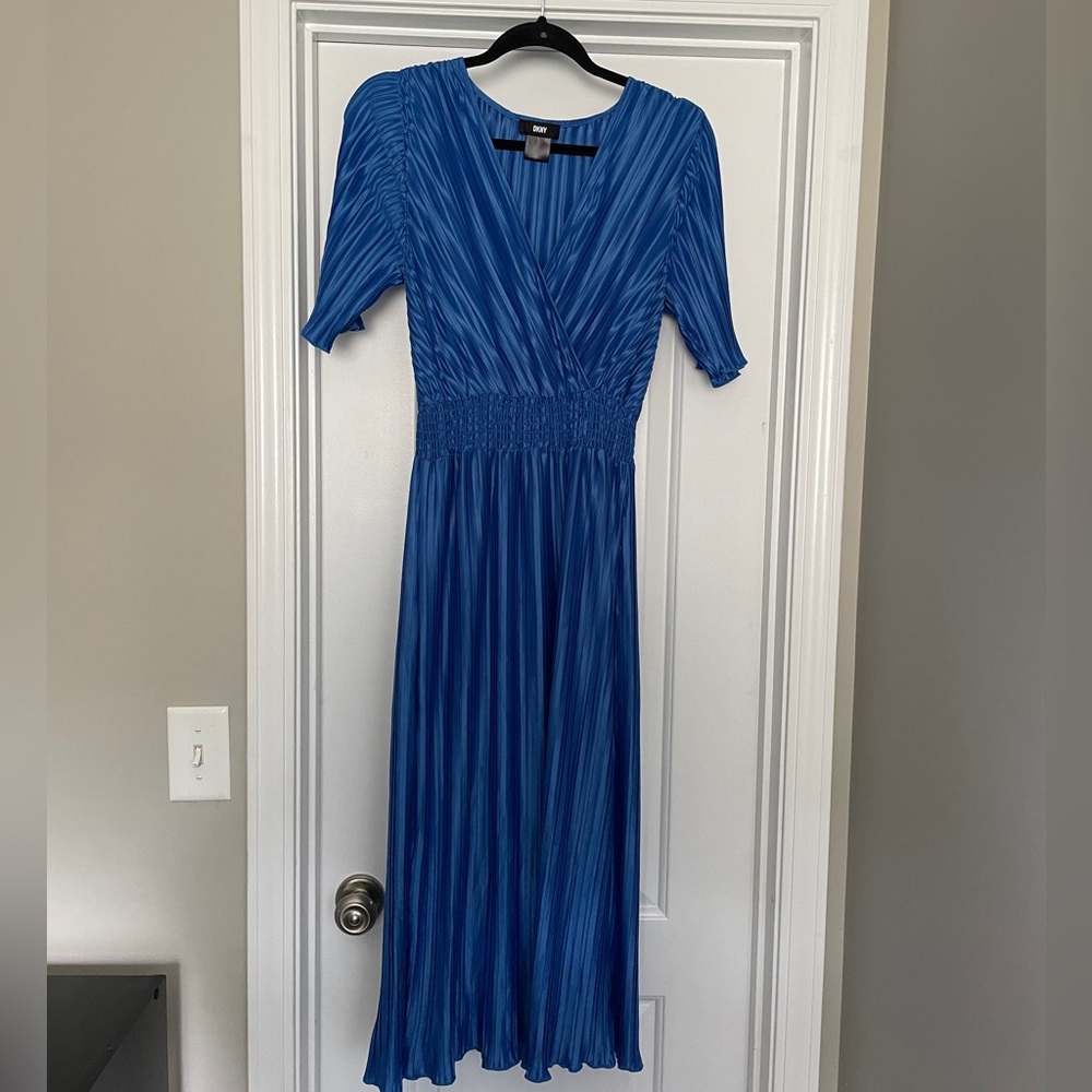 DKNY Pleated Smocked Faux Wrap Midi Dress
